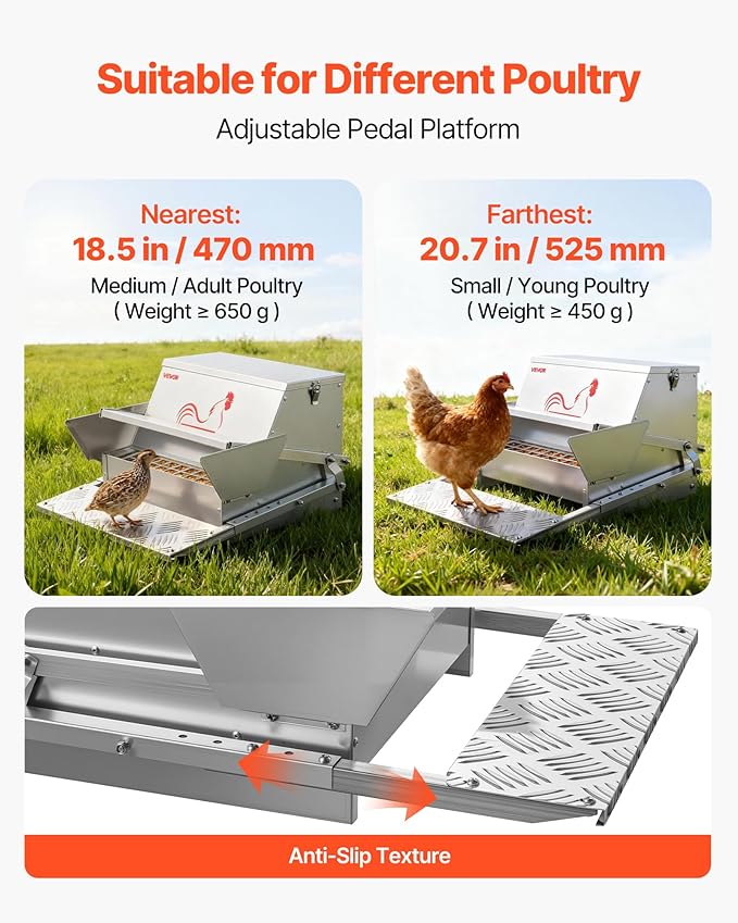 VEVOR Automatic Chicken Feeder, 25 lbs Upgraded Rainproof Treadle Poultry Feeder with Lockable Lid, No Waste, Galvanized Steel Construction, Outdoor Use, for Chicken, Bantams, Poultry, Pheasants