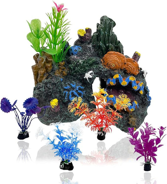 PINVNBY Aquarium Coral Reef Decor Resin Fish Tank Decorations Rock Mountain Cave Ornaments for Goldfish Betta Fish Sleep Rest Hide Play Breed with 4 PCS Aquatic Plants (Small Size)