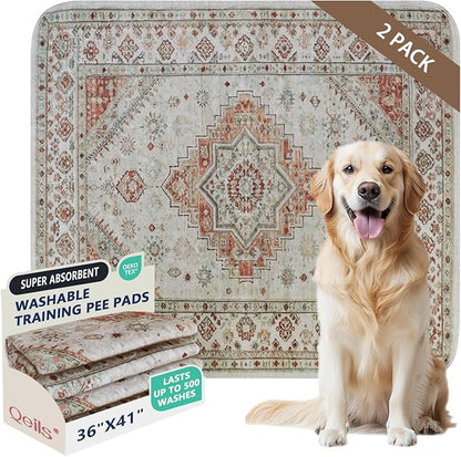 Qeils Washable Pee Pads, Reusable Puppy Pads Super Absorbent Leakproof Dog Training Pads, Non-Slip Wee Wee Pads for Crate, Floor, Potty Pads Feeding Mat Dog Pee 2 Pack 36"x41"