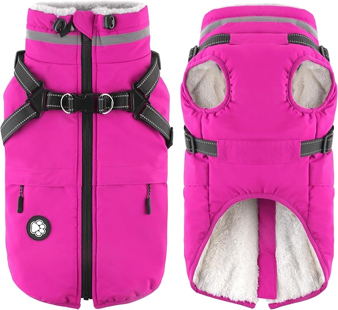 Dogcheer Dog Coat with Harness, Waterproof Dog Jacket Christmas Pet Winter Coat with Pockets, Reflective Doggy Turtleneck Fleece Jacket for Small Medium Large Dogs - Pink, XL