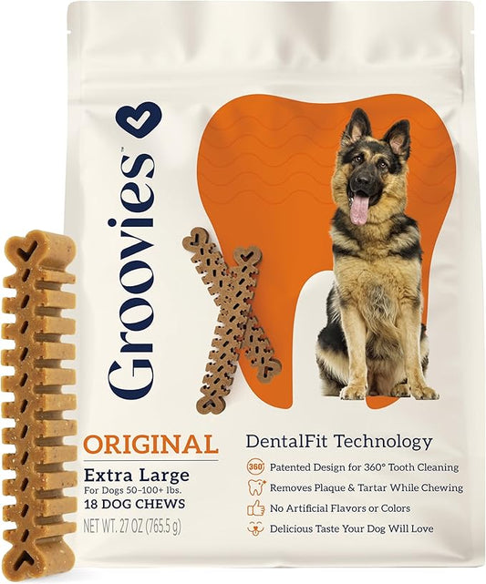 Groovies Flexible, Yet Moderately Tough Daily Dog Dental Chews. Powered by USA-Patented DentalFit Technology. No Added Gluten, No Artificial Flavors or Colors. Original 27oz XLarge (18Chews)