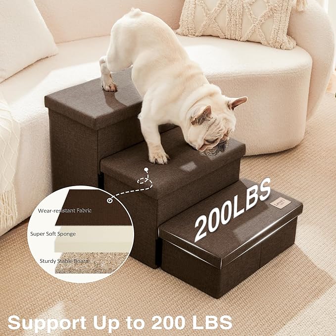 Love's cabin Dog Stairs for High Bed 18" H,Foldable Pet Stairs for Small Medium or Large Dogs Puppy with Storage for Bed or Couch,Cat Dog Steps Ramp with Zip up to 200 lbs(Coffee,3 Steps no Condo)