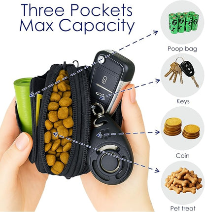 Dog Treat Pouch for Pet Walking and Training with Clicker, Poop Bags, and Three Bags Design Small Fanny Zipper Pack Holder for Puppy Snack Dispenser Kit for Leash and Outdoor Use (Black)