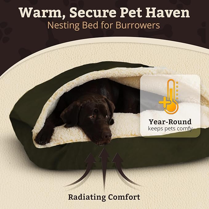 Snoozer Rectangle Cozy Cave Dog Bed - Indoor Dog Bed with Cover Cave, Covered Calming Burrow for Medium & Large Sized Pets with Blanket Attached, Enclosed, Washable Cover - Large, Olive