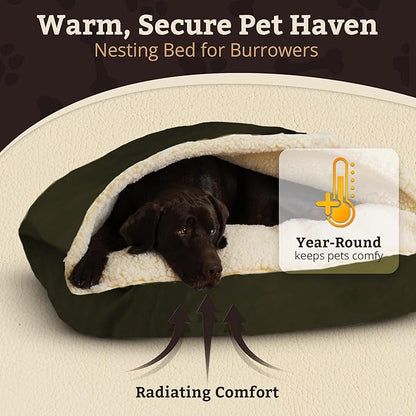 Snoozer Rectangle Cozy Cave Dog Bed - Indoor Dog Bed with Cover Cave, Covered Calming Burrow for Medium & Large Sized Pets with Blanket Attached, Enclosed, Washable Cover - Large, Olive