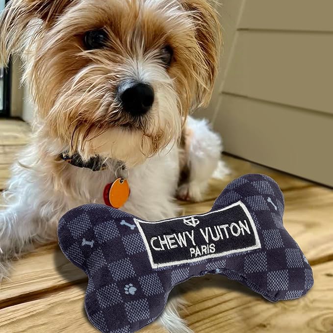 Haute Diggity Dog Black Checker Chewy Vuiton Bone, Plush Designer Dog Toys with Interactive Squeaker, Stimulating Pet Enrichment, Machine-Washable & Safe Materials for All Breeds, Size Small