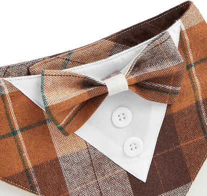 HDGDT Fall Dog Tuxedo Bandana, Orange Plaid Pet Collar with Bowtie, Adjustable Halloween Thanksgiving Dog Tux Costume for Small to Extra Large Pets