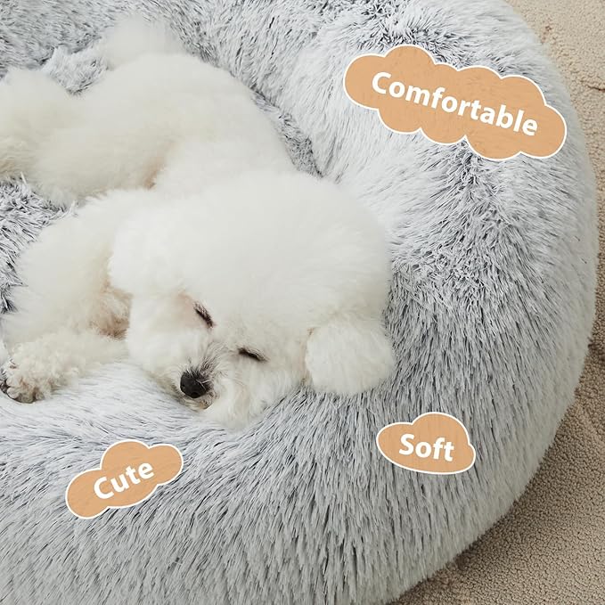 WNPETHOME Donut Dog Beds Large Sized Dog,Anti-Anxiety Caming Large Pet Bed,Fluffy Faux Fur Plush Puppy Bed，Warming Cozy Soft Round Bed for Pet, Cat Cuddler Cushion