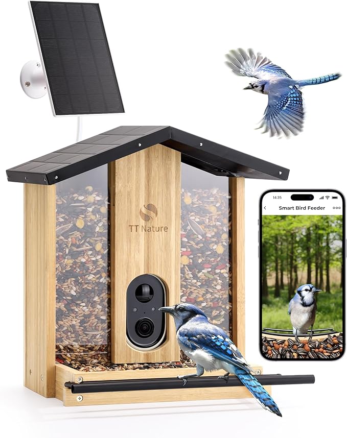 TT Nature Bird Feeder with Camera – 3L Smart Bird Feeder with AI Recognition, Live Streaming, Cloud Storage, Real-Time Alerts, Birdwatching Gift for Nature Lovers (Bamboo)