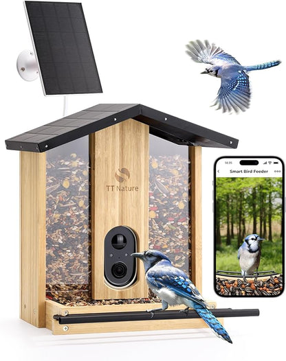 TT Nature Bird Feeder with Camera – 3L Smart Bird Feeder with AI Recognition, Live Streaming, Cloud Storage, Real-Time Alerts, Birdwatching Gift for Nature Lovers (Bamboo)