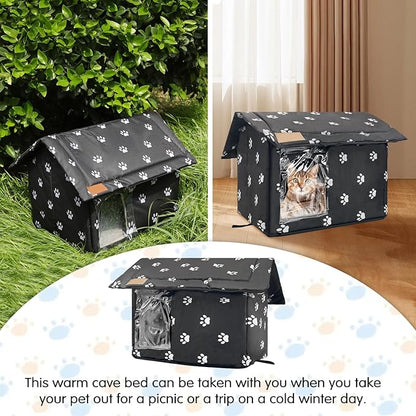 Fhiny Stray Cats Shelter, Waterproof Outdoor Cat House Foldable Warm Pet Cave for Winter Wild Animal Tent Bed Anti-Slip Kitten Cave for Feral Cat Dog Puppy Weatherproof Black (S:13.4"×11.8"×13.7")