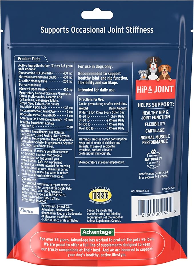 Pet Protect Dog Hip & Joint Supplement for Occasional Joint Stiffness, Vet-Formulated Synovi G3, Dog Glucosamine, Chicken-Flavored Soft Chews (60 Count)