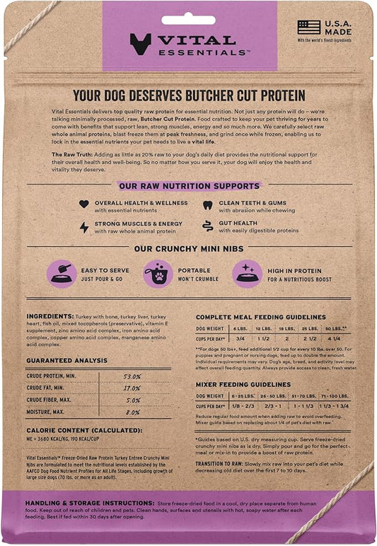 Vital Essentials Freeze-Dried Raw Turkey Crunchy Mini Nibs | Complete Meal or Mixer Dog Food | 14 oz