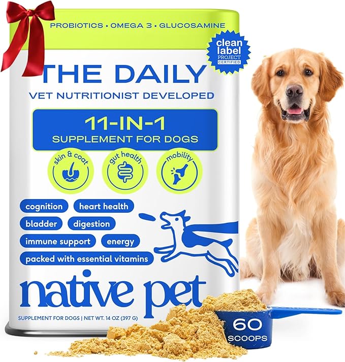Native Pet Dog Vitamins & Supplements - 11-in-1 Vitamin Powder for Dog Food Topper - Collagen, Glucosamine, Probiotics, Omega & More- Supports Healthy Gut, Mobility & Overall Health - 60 Scoops
