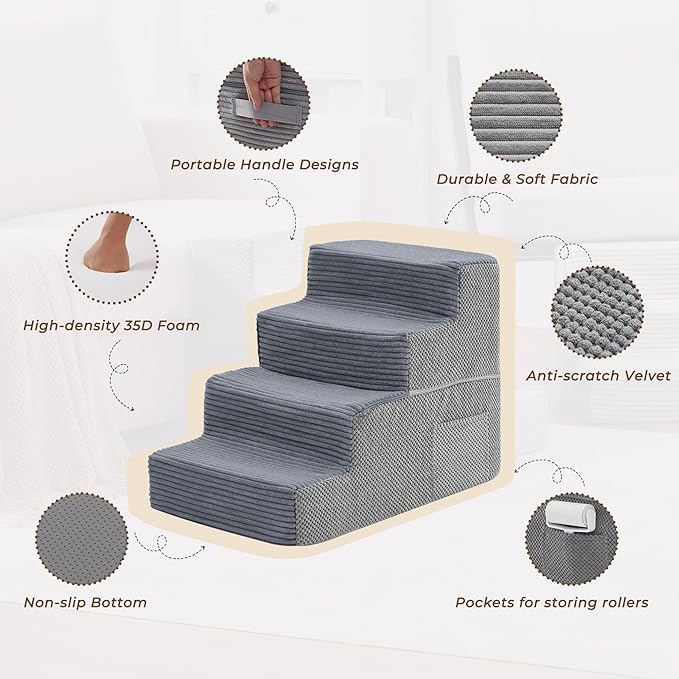 HYLEORY Dog Stairs for Bed 18''H, 4-Step Pet Stairs for Small Dogs Cats, Sturdy Pet Steps with Non-Slip Bottom, Functional Portable Dog Ramp for Couch/Chair/Sofa/Car, Storage Pocket, Grey-Light Grey