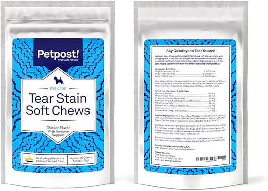 Petpost Tear Stain Remover Soft Chews for Dogs | 90 Count Chicken Flavor Dog Tear Stain Support Supplement | Gentle Eye Care for White Dogs & Light Breeds | Tylosin Free, Made in USA