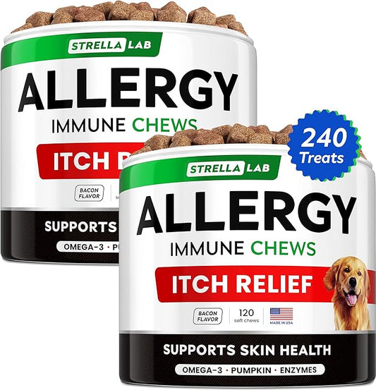 StrellaLab Dog Allergy Relief & Anti Itch Support Chews w/Omega 3: Real Ingredients, Real Taste! Skin & Coat Immune Supplement w/Fish Oil, Pumpkin & Enzymes — Developed by Experts - Made in USA -240Ct
