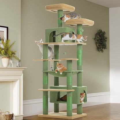 PAWZ Road Heavy Duty Cat Tree for Large Cats, 81 Inches Cactus Tall Cat Tower with 2 Perches, 2 Condos and Spacious Hammock, XL Extra Large Condo with 7 Scratching Posts for 20lb+ Adult Cats, Green
