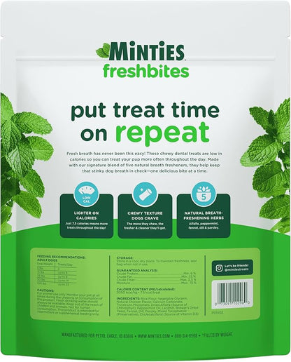 Minties FreshBites Soft and Chewy Dental Treats for Dogs, Low Calorie Natural Mint Flavored Dental Chews for Dogs, 100 Count, Chews Clean Teeth, Fight Bad Breath, and Removes Plaque and Tartar