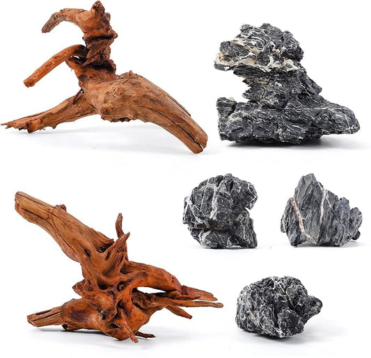 FISCAPE Aquarium Rocks & Driftwood Decor Kit, 2-8 Inches Natural Seiryu Stone 4 PCS for Aquascaping, 6-10 Inches Natural Driftwood 2 PCS for Fish Tank Decoration, Reptile and Amphibian Enclosures