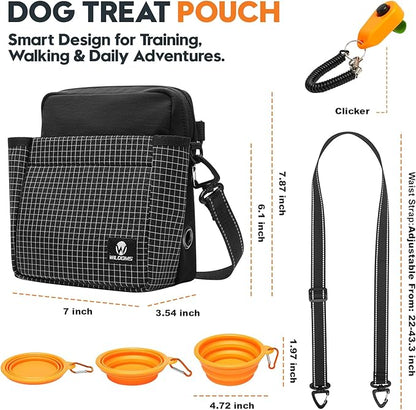 Dog Treat Pouch – Large Capacity with Magnetic Closure, Dog Walking Fanny Pack Built-in Poop Bag Dispenser, Clicker & Collapsible Bowl for Training & Walking - Black