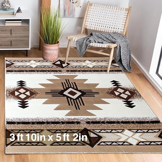YHSF South West Native American Area Rug C318 - Easy Clean, Thick, Soft, Durable Native Tribal American Indian Inspired Rug for Bedroom/Living Room and more - Ivory, 3 Feet 10 Inches x 5 Feet 2 Inches