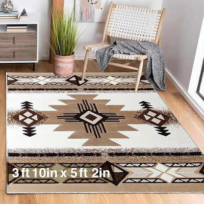 YHSF South West Native American Area Rug C318 - Easy Clean, Thick, Soft, Durable Native Tribal American Indian Inspired Rug for Bedroom/Living Room and more - Ivory, 3 Feet 10 Inches x 5 Feet 2 Inches