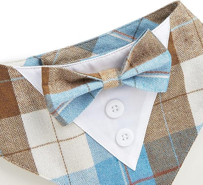 HDGDT Fall Dog Tuxedo Bandana, Orange Plaid Pet Collar with Bowtie, Adjustable Halloween Thanksgiving Dog Tux Costume for Small to Extra Large Pets