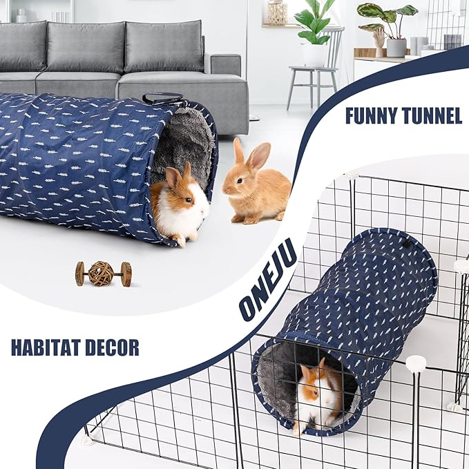 Rabbit Tunnel - Guinea Pig Tunnel, Guinea Pig Tube, 2-Way Small Pet Play Tube, Folds Flat for Storage, Ideal for Adult Small Pets, Dark Blue, Leaf Pattern