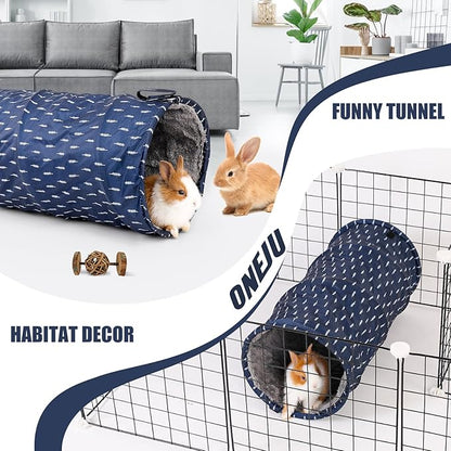 Rabbit Tunnel - Guinea Pig Tunnel, Guinea Pig Tube, 2-Way Small Pet Play Tube, Folds Flat for Storage, Ideal for Adult Small Pets, Dark Blue, Leaf Pattern