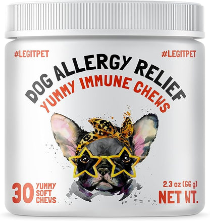 Allergy Relief Chews for Dogs & Immune & Digestive Supplement with Wild Salmon Oil Kelp Colostrum Turmeric Probiotics & Bee Pollen for Seasonal Allergies Anti Itch, Skin Hot Spots 30 Soft Treats