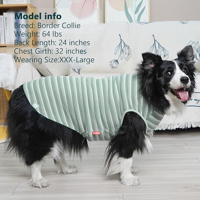 KYEESE 2Pack Waffle Dog Shirts for Large Dogs Stretchy T-Shirts Lightweight Tank Top Sleeveless Striped Shirt Vest Soft Breathable Pet Apparel, XXX-Large, Green+Striped