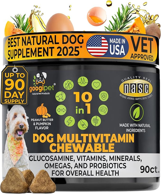 Googipet Premium Dog Multivitamin Chewable, Dog Vitamins and Supplements, Puppy Vitamins & Senior Dogs Probiotics for Gut Health + Vitamin C, Glucosamine for Dogs Joint Support (PB & Pumpkin Flavor)
