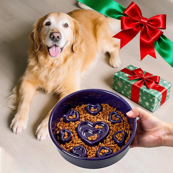 Ceramic Slow Feeder Dog Bowl, 4-Cup Anti-Slip Puzzle Feeder for Medium/Large Dogs, Indoor/Outdoor Pet Bowl for Fast Eaters - Purple（Love）