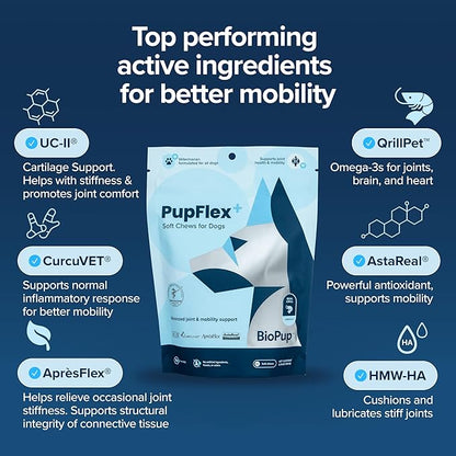 PupFlex+ Hip and Joint Supplement Dogs, Vet Created Soft Chews with UC-II® Collagen for Dogs, CurcuVET® & Omega 3, Proven More Effective Than Glucosamine Chondroitin, Dog Joint Supplement (60 ct)