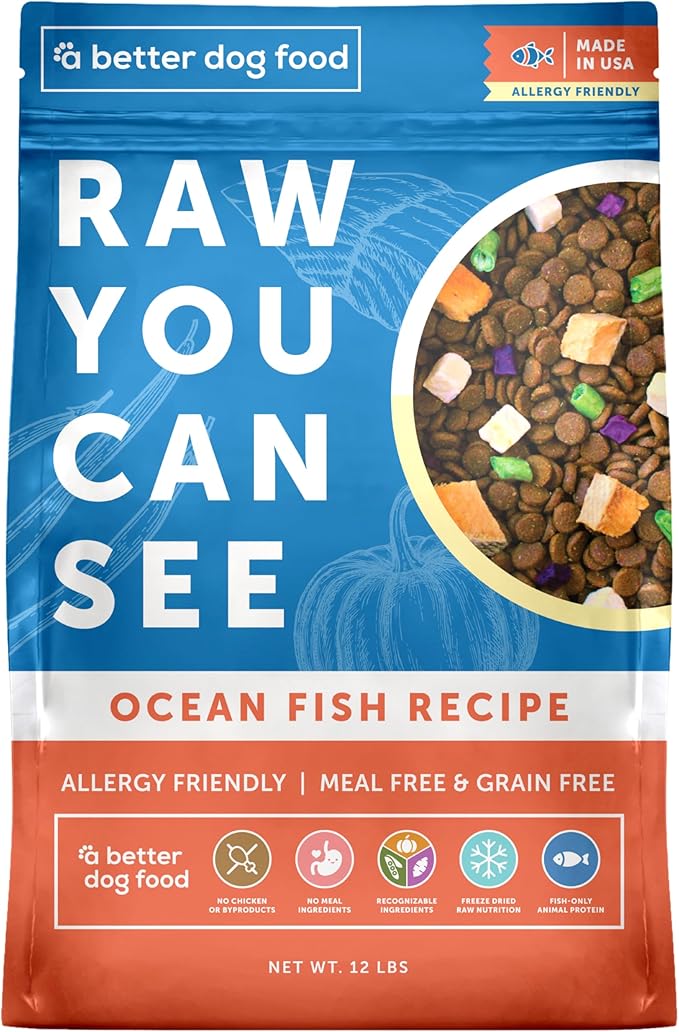A Better Treat | Allergy Friendly Ocean Blend Dry Dog Food | Raw You Can See | No Chicken, No Grain, No Meal Ingredients | Fish Only Animal Protein |Stomach Soothing Kibble + Freeze Dried Raw Dog Food
