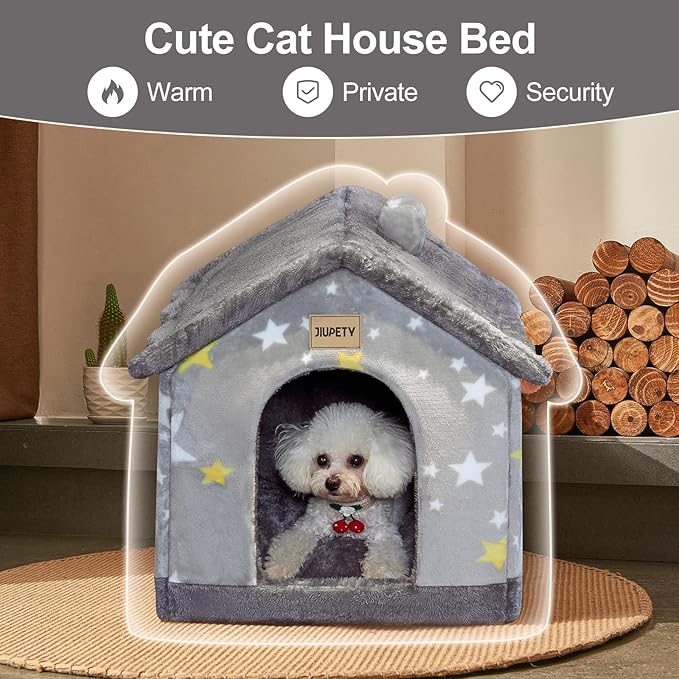 JIUPETY Cute Indoor Dog Houses, Dog Bed with Cover Cave, M Size Up to 15 Lbs Cat and Puppy, Igloo Pet House with Non-Slip Bottom, Grey