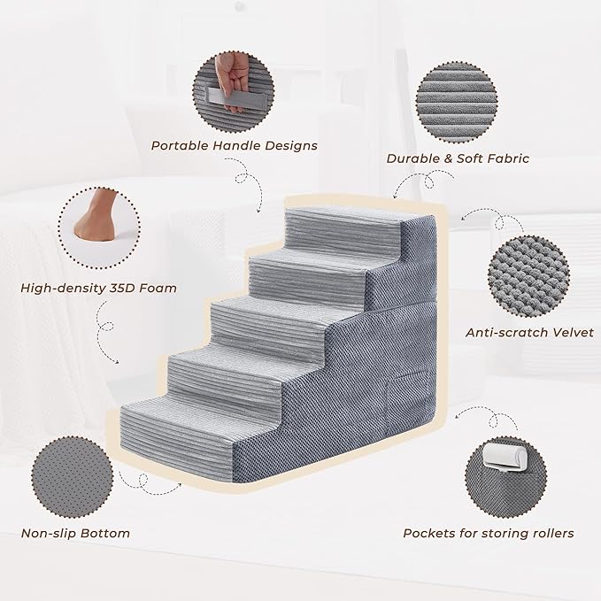 HYLEORY Dog Stairs for Bed 22.5''H, 5-Step Pet Stairs for Small Dogs Cats, Sturdy Pet Steps with Non-Slip Bottom, Functional Portable Dog Ramp for Couch/Chair/Sofa/Car, Storage Pocket, Light Grey-Grey