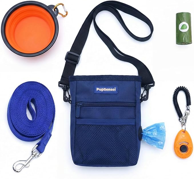 PupSensei Dog Training Kit & Puppy Starter Set with 30ft Long Leash – Complete Recall System w/Magnetic Treat Pouch, Clicker, Collapsible Bowl & Waste Bags – Professional Tools (Navy Blue)