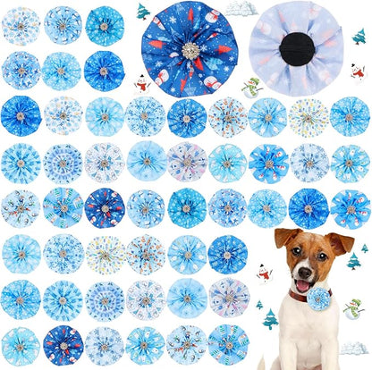 50 Pcs Winter Dog Collar Bows Bulk Blue and White Snowflake Bow Ties Flower Charms Attachment for Small Medium Large Dogs Cats Collar Winter Holiday Costume Accessories