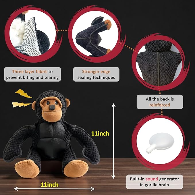 Plush Stuffed Squeaky Dog Toys, Dog Toy Medium、Large Breed, Dog Chew Toys for Non-Aggressive Dogs,Chew Dog Toys to Keep Them Busy,Solomon，11" x 11" Gorilla