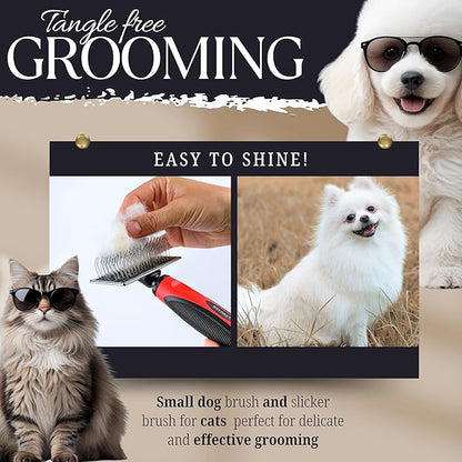 Mini Brush for Dogs and Cats - Coated Tips Massage Skin - Long Pins Remove Mats, Tangles in Long and Poodle Fur