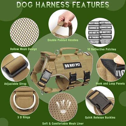 WINSEE Mesh Dog Harness with 10 Pet Patches for Medium Service Dog in Training, Breathable Tactical Molle Vest with Double Handle, Reflective Military Pet Vest for Walking Hiking