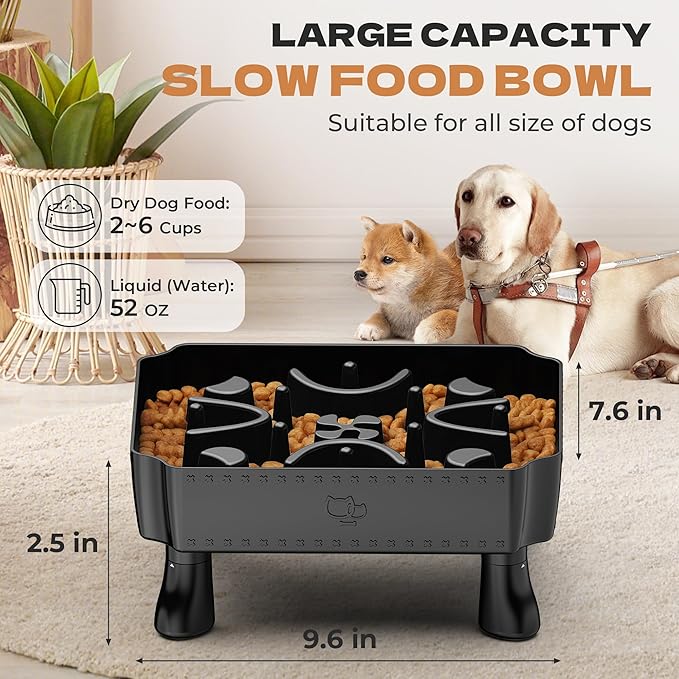 UPSKY Slow Feeder Dog Bowl, 2-in-1 Raised Dog Bowl with Anti-Choking Maze Puzzle, 2-6 Cups Pet Food for Small & Medium Breeds, Interactive Pet Feeder to Slow Eating, Reduce Boredom Black