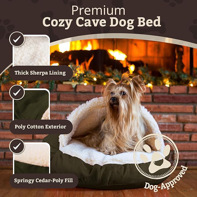 Snoozer Cozy Cave Dog Bed - Indoor Dog Bed with Cover Cave, Covered Calming Burrow for Medium & Large Sized Pets with Blanket Attached, Enclosed, Removable Washable Cover - XL, Olive