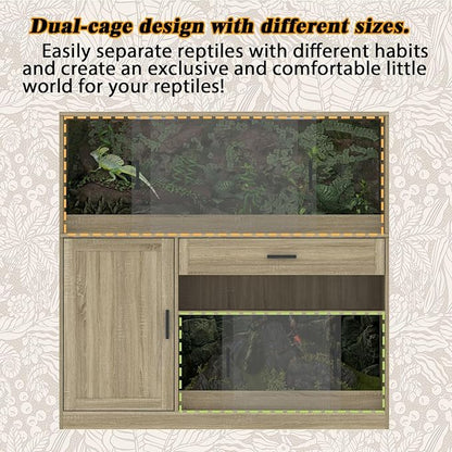 DAWNSPACES Terrarium Stand, Bearded Dragon Cage, Reptile Tank Stand Enclosure, Terrarium Table with Tempered Glass, Ventilation Holes, 1 Cabinet and 1 Drawer for Living Room, Light Oak