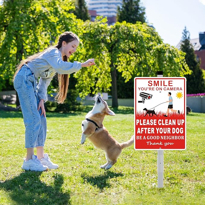 (2 Pack) Clean Up After Your Dog Signs, Please Pick Up After Your Dog Sign for Yard, No Pooping Dogs Signage -10x35 Heavy Duty Aluminum Weather Resistant and Easy to Install with Stake (Red)