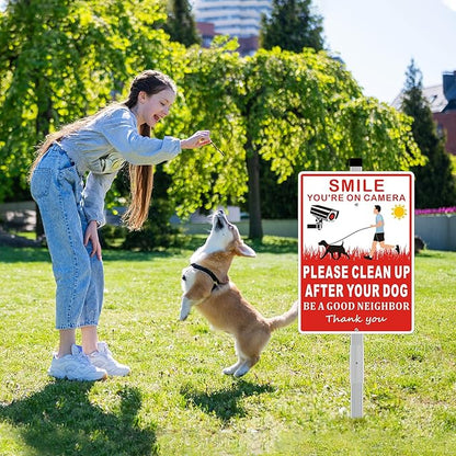(2 Pack) Clean Up After Your Dog Signs, Please Pick Up After Your Dog Sign for Yard, No Pooping Dogs Signage -10x35 Heavy Duty Aluminum Weather Resistant and Easy to Install with Stake (Red)