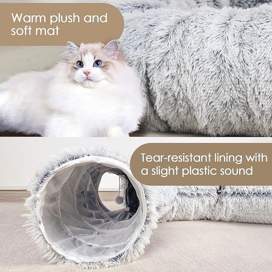 Cat Tunnel Bed for Indoor Cats, Peekaboo Cat Cave with Washable Soft Play Mat, Furry Cat Tube, for Kitten/Puppy/Rabbit, Grey