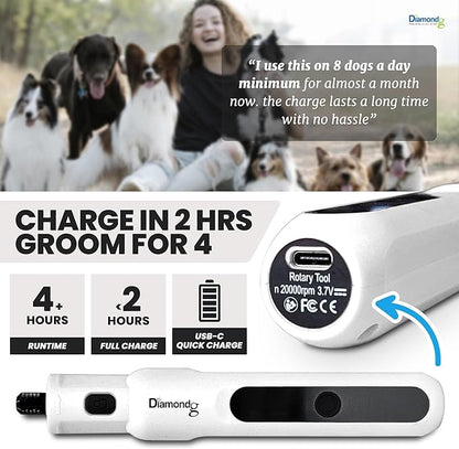 Diamondg Cordless Micro Dog Nail Grinder with Quiet Sound & LED Tip for Large & Small Dogs, 4hrs. Runtime - Electric Dog Nail Trimmer, Heavy Duty Rotary Tool Alternative to Toenail Clippers & Filers